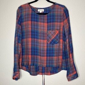 Anthropologie Cloth & Stone plaid lace back long sleeve top pocket medium